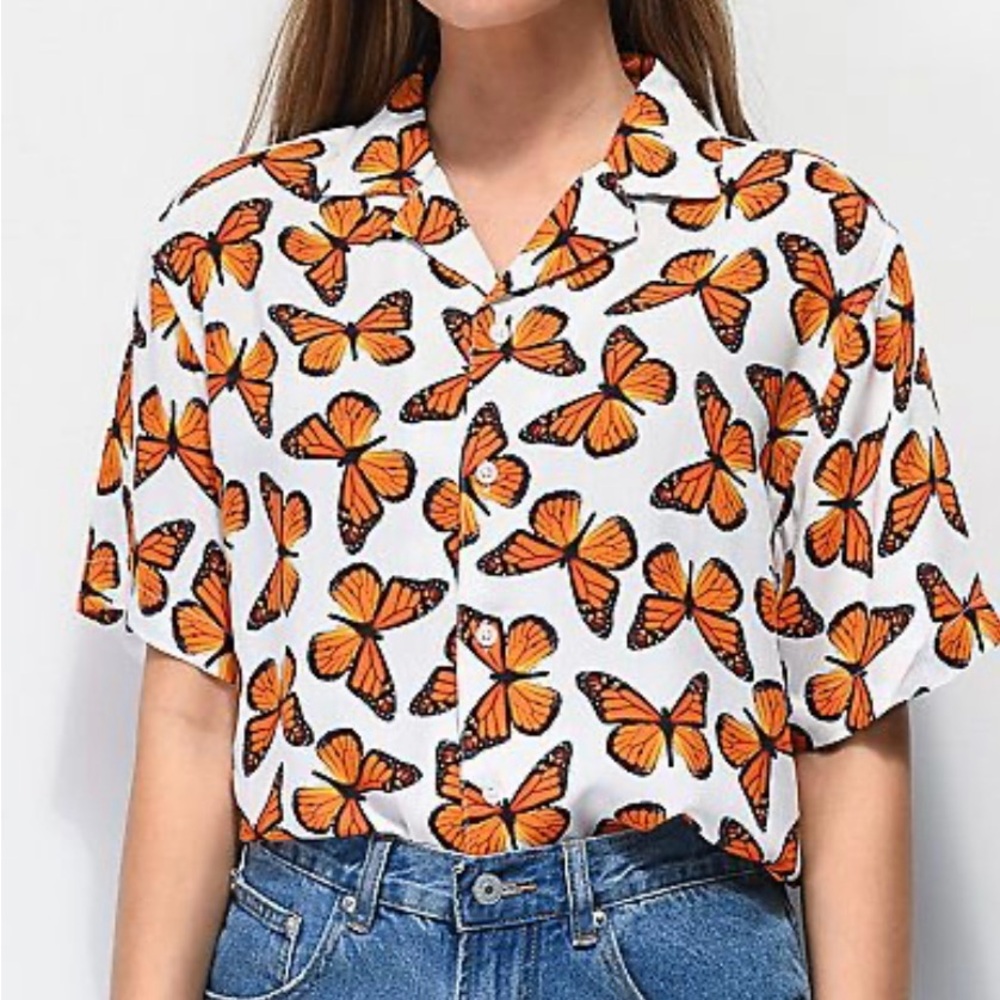 Petals and Peacocks Orange butterfly print button up shirt